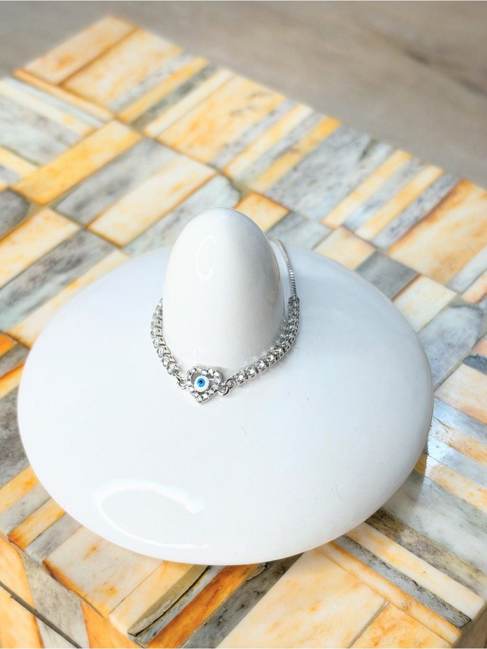 Evil Eye Bracelet Silver Tone Heart Rhinestone Tennis Bolo Slider Adjustable